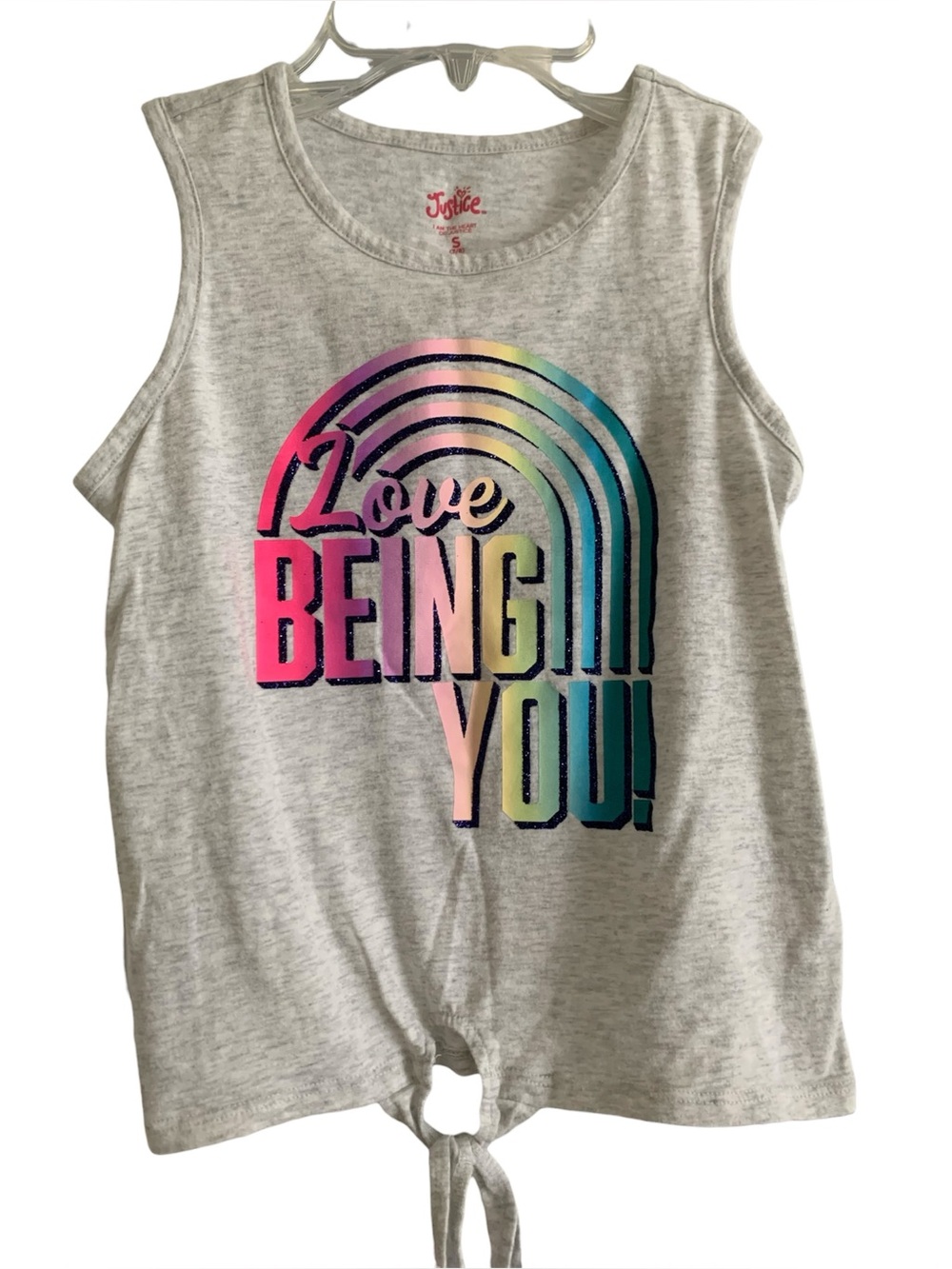 Justice light Gray Tank Top with tie Rainbow Print small 7/8 love being you